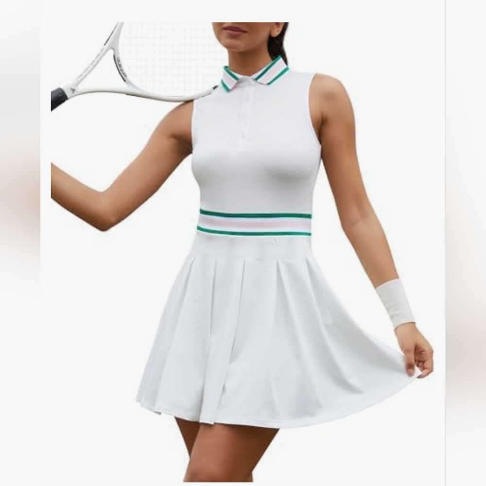 WBQ Stylish Women White Tennis/Golf Dress with Green and Pink Accents Size Small